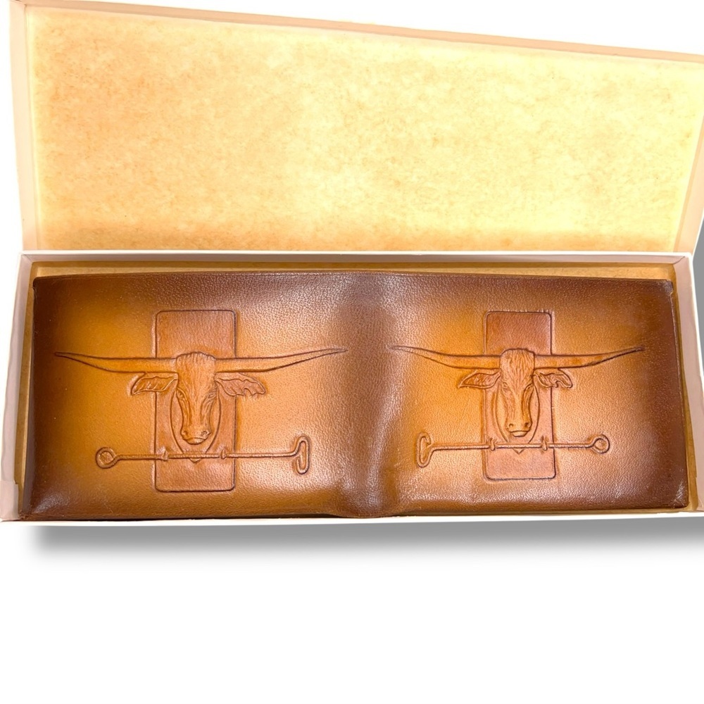Vintage New Hereford Brown Leather Wallet Western Cowhide Texas Longhorn